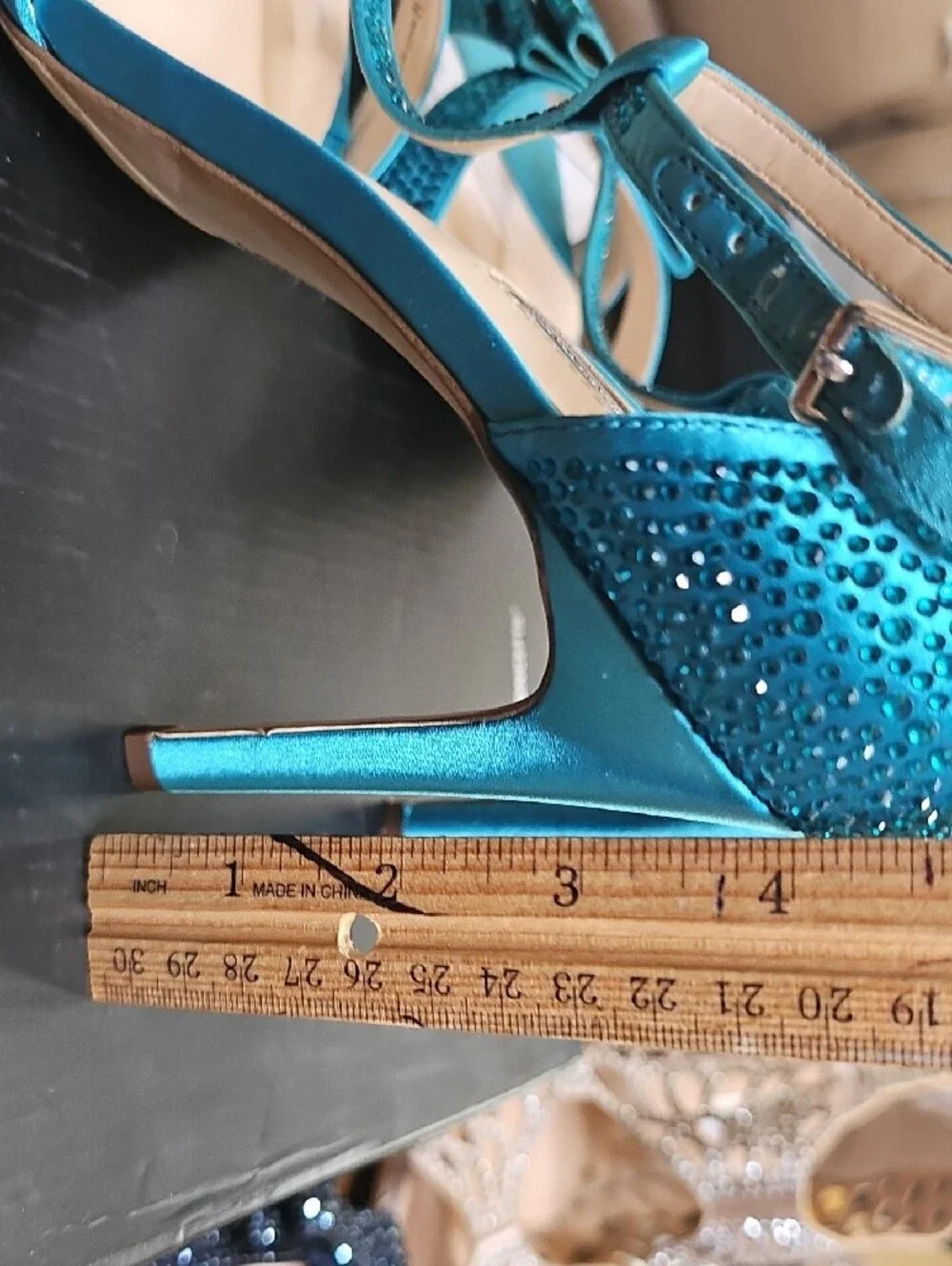 Elegant Teal Satin T-Strap Heels with Bow Accent